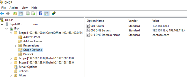 configure dhcp scope options