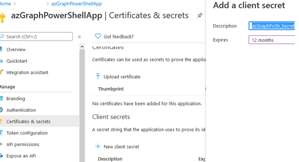 create a secret for azure application