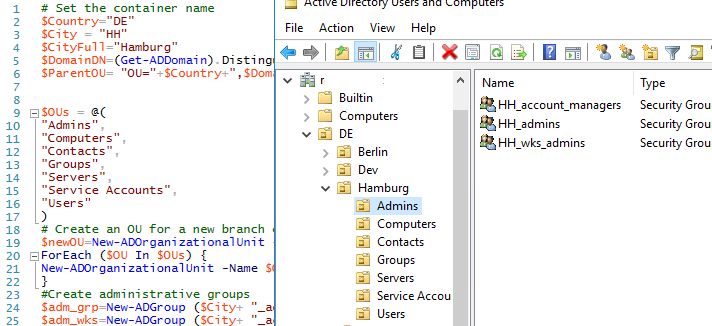 Create nested OUs, groups and assign AD permissions with PowerShell script 