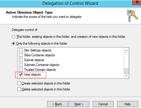 delegation control wizard - user objects