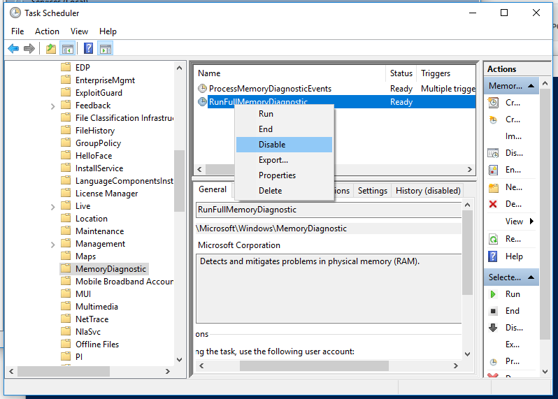 disabling RunFullMemoryDiagnostic task