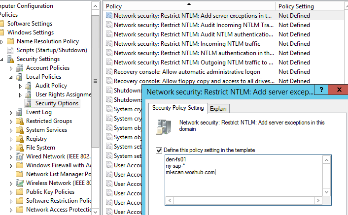 GPO: Network security: Restrict NTLM: Add server exceptions for NTLM authentication in this domain 