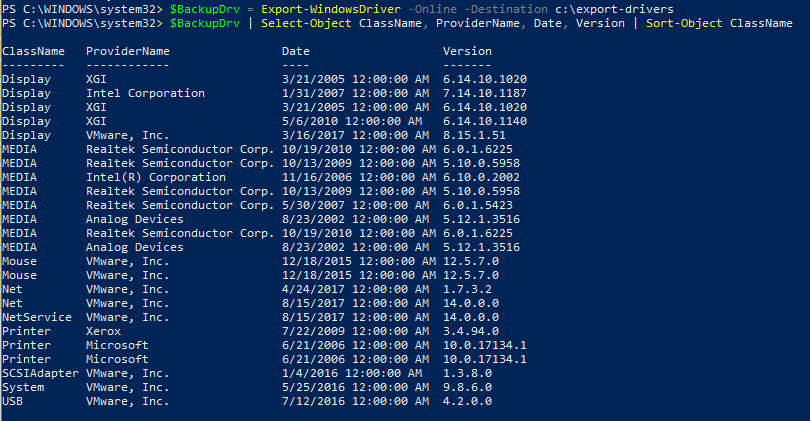 list exported drivers class, vendor and version