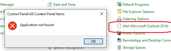 mail app not found in control panel windows 10