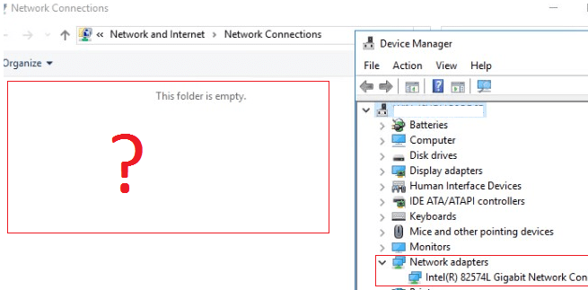 missing network connections icons in Windows