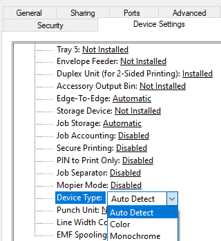 printer properties Device Type set to color instead Monochrome