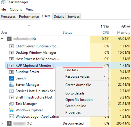 rdp clipboard monitor - end task using task manager