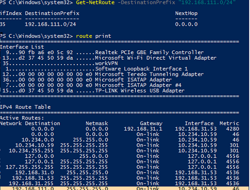 show VPN connection custom route