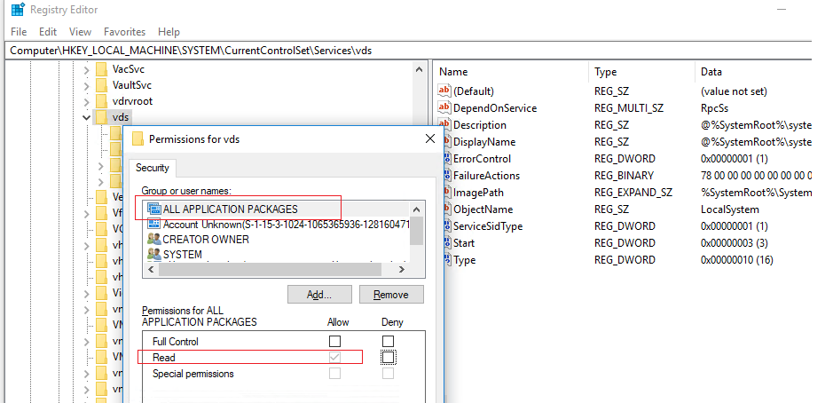 vds (virtual disk) service registry permissions