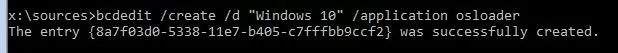 bcdedit - The entry was successfully created.