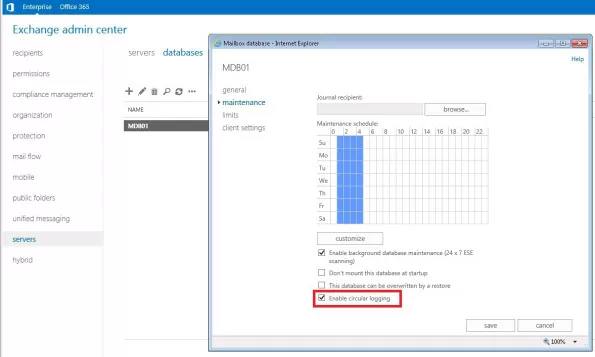 Enable Circular Logging in Exchange 2013