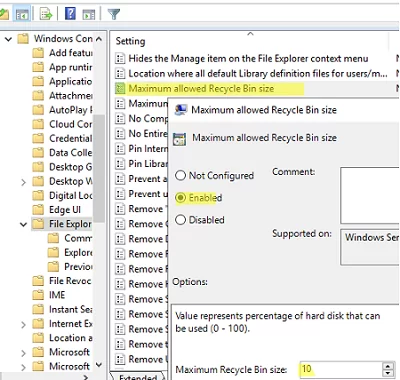 GPO: Maximum recycle bin size allowed 