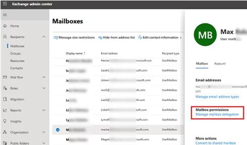 Manage mailbox delegation in Exchange Admin Center