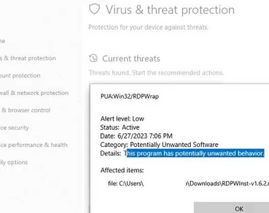 rdpwrap detected as potentially unwanted software