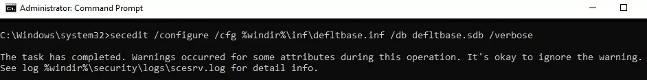 secedit reset security settings in defltbase.sdb 