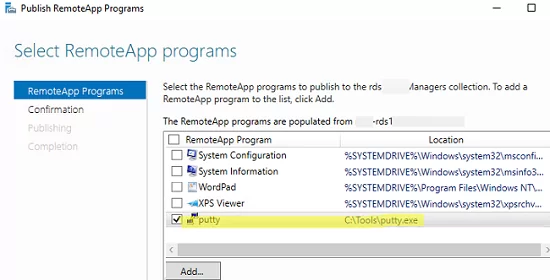 select remoteapp program