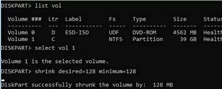 shrink partition with diskpart