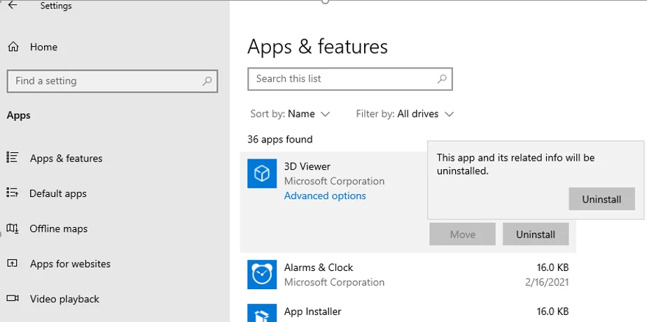 uninstall UWP app on WIndows 10 from Settings