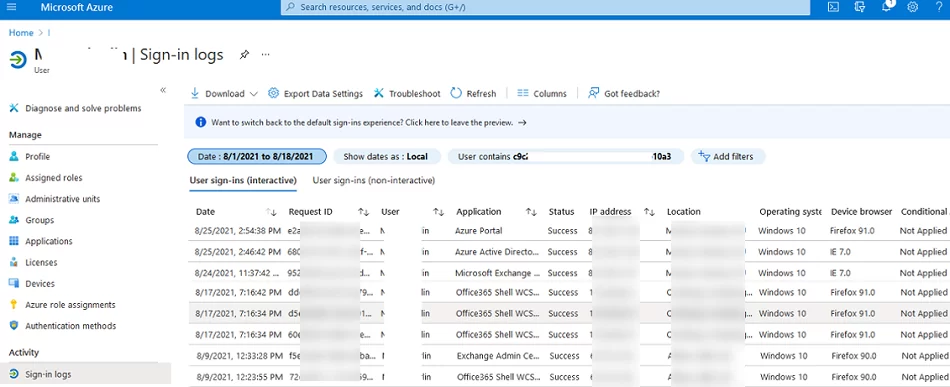 user sign-in and activity reports in Azure portal