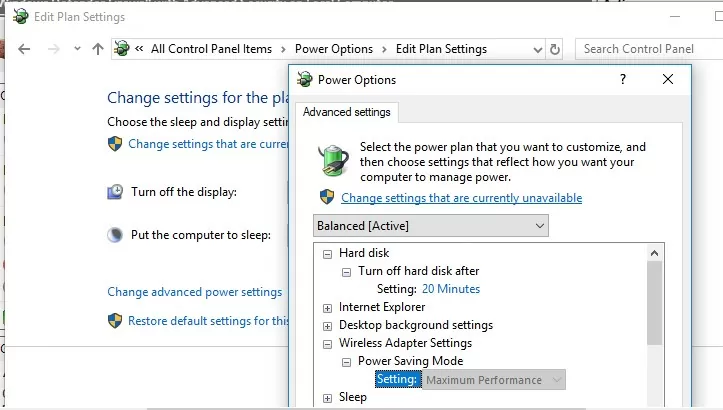 wifi power save plan change to max performance