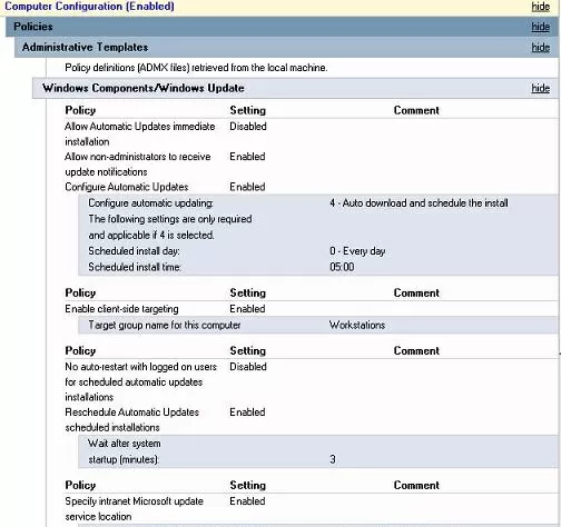 wsus gpo settings workstations summary